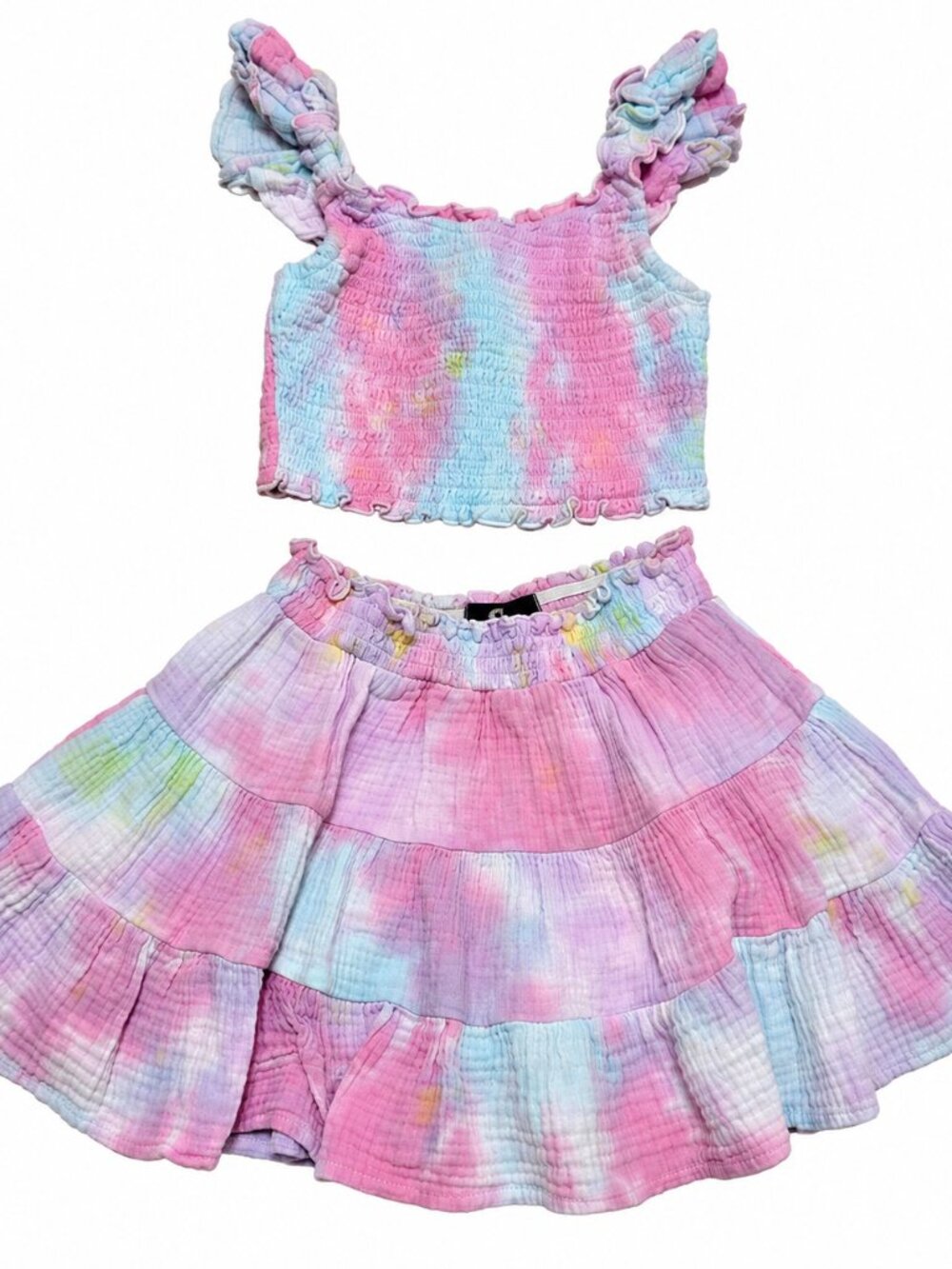 Flowers by Zoe Girls Size 6 Pastel Tie Dye Smocked Crop Top Skirt 2 Piece Set